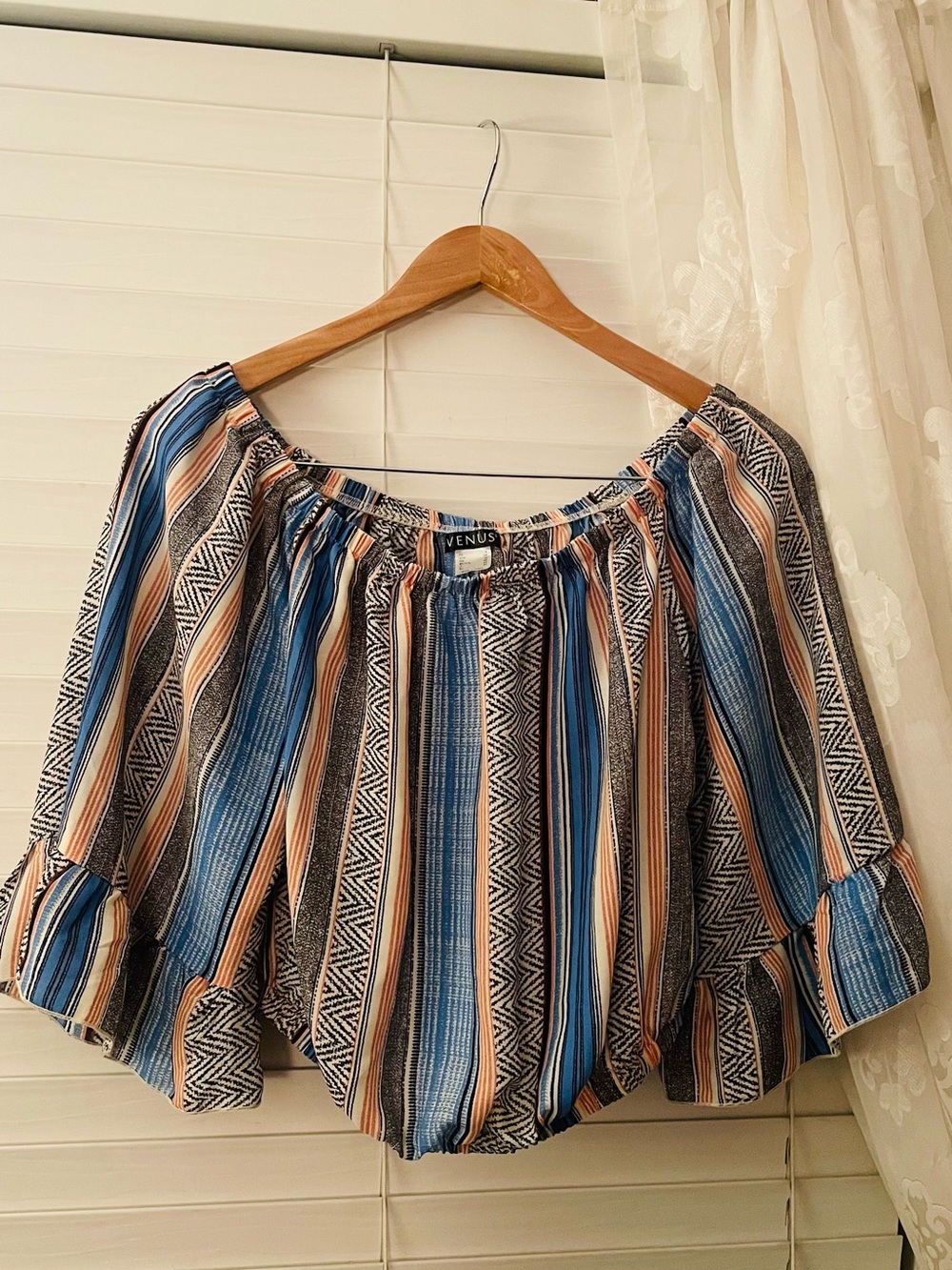 VENUS Blue and Tan Striped Off-Shoulder Peasant Blouse